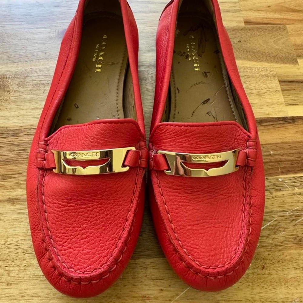 Coach red leather loafers with gold buckle #luxury #designer